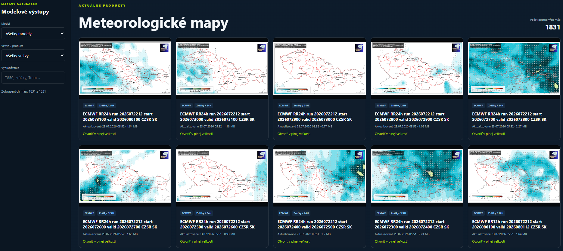 Ukážka členskej sekcie s meteorologickými mapami
