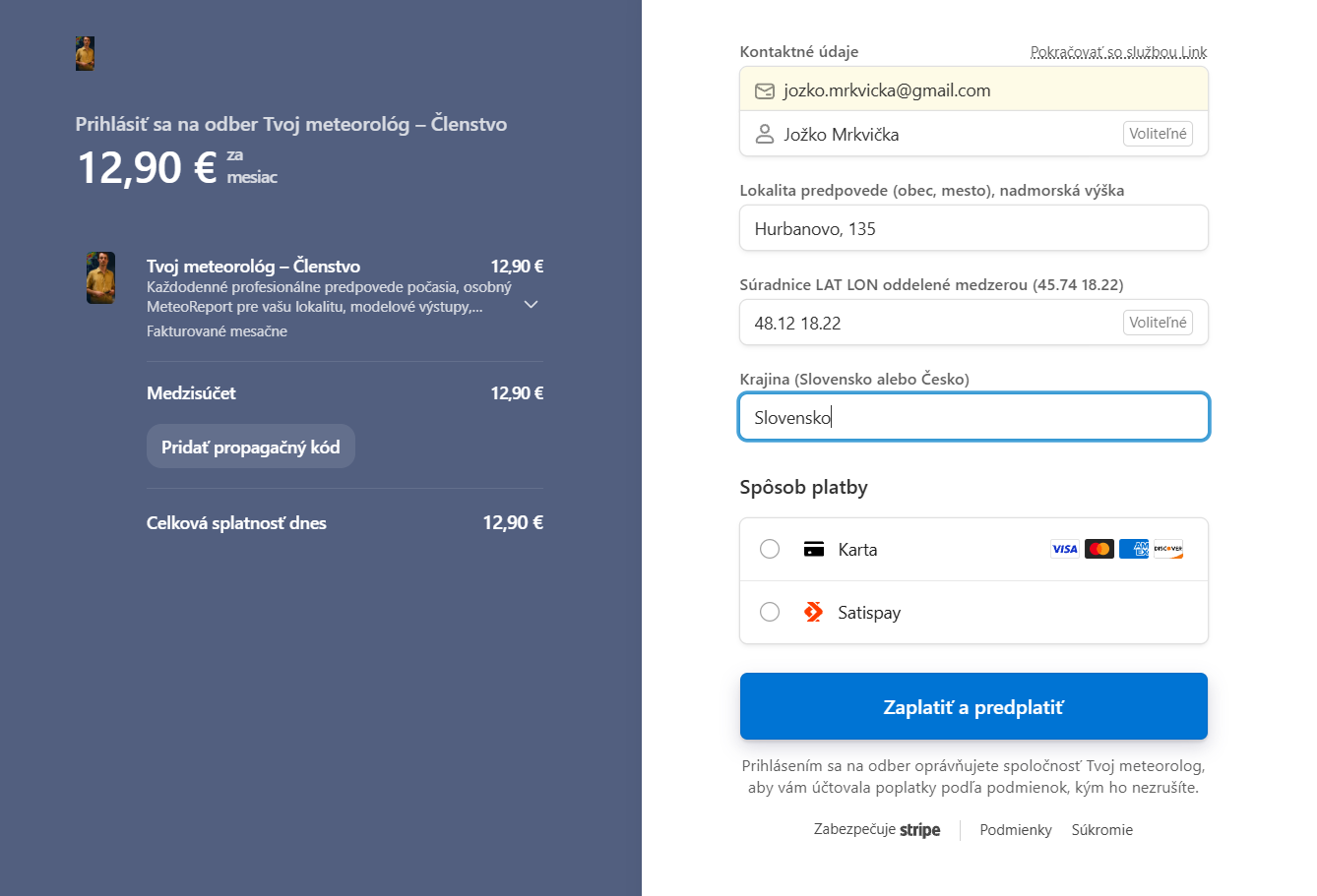 Príklad správne vyplnených údajov pred samotnou platbou